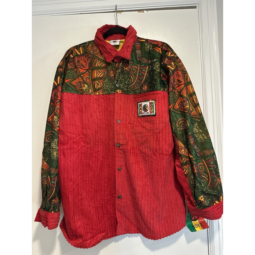NWT VTG 90s Bad Boyz Bold Patchwork Corduroy Shirt African-inspired Tribal Print